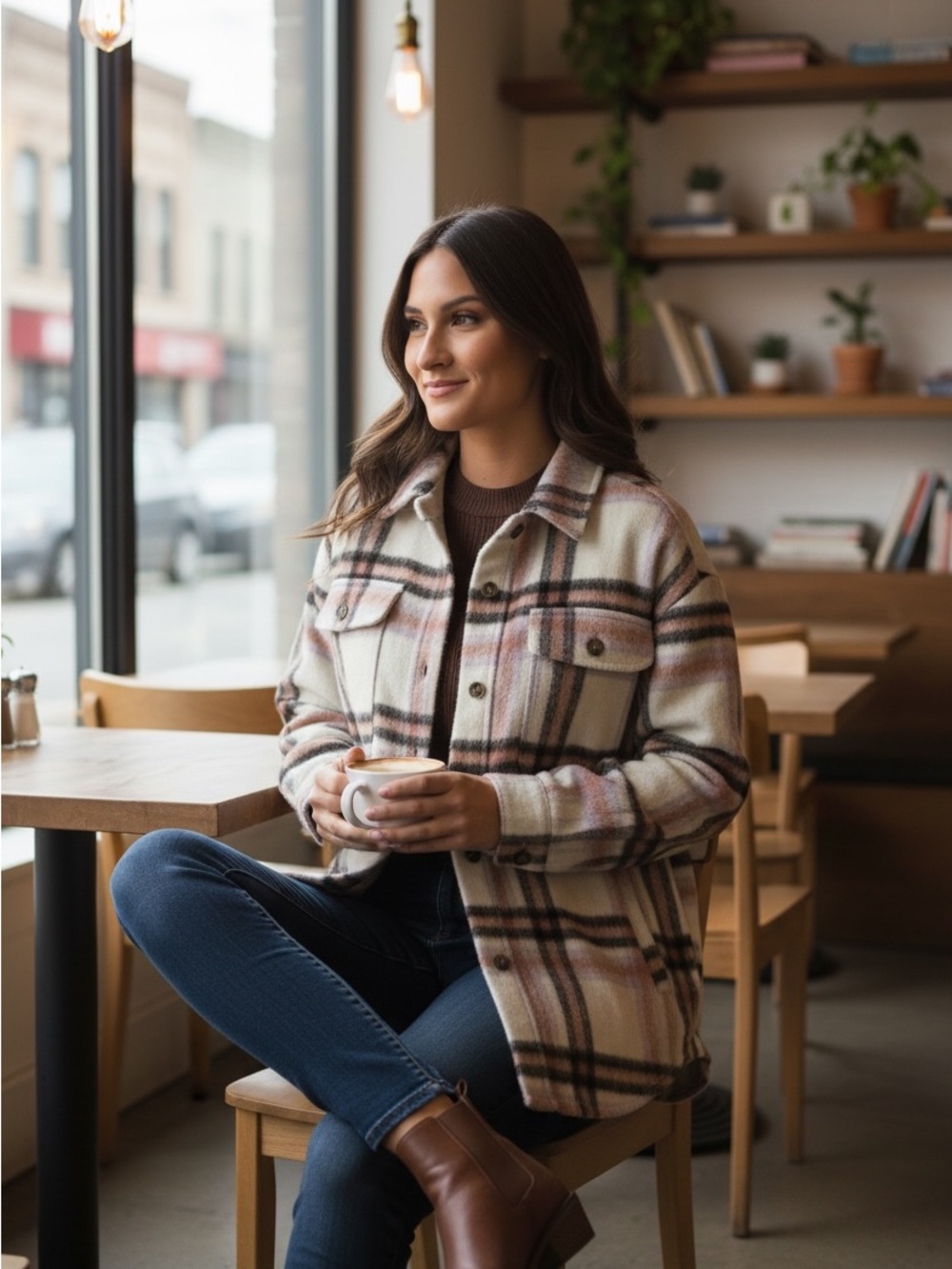 Grace + Karma Plaid Shacket Jacket in Cream and Brown Casual Coat